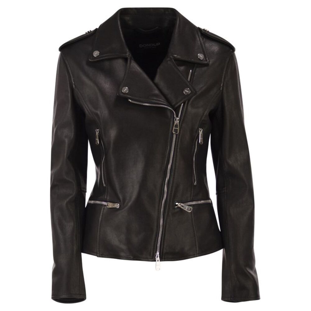 Dondup Women Lamb Leather Biker Jacket With Asymmetric Zip